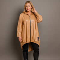 FAUX LEATHER LONG LENGTH COAT WITH ELASTICATED DIPPED HEM