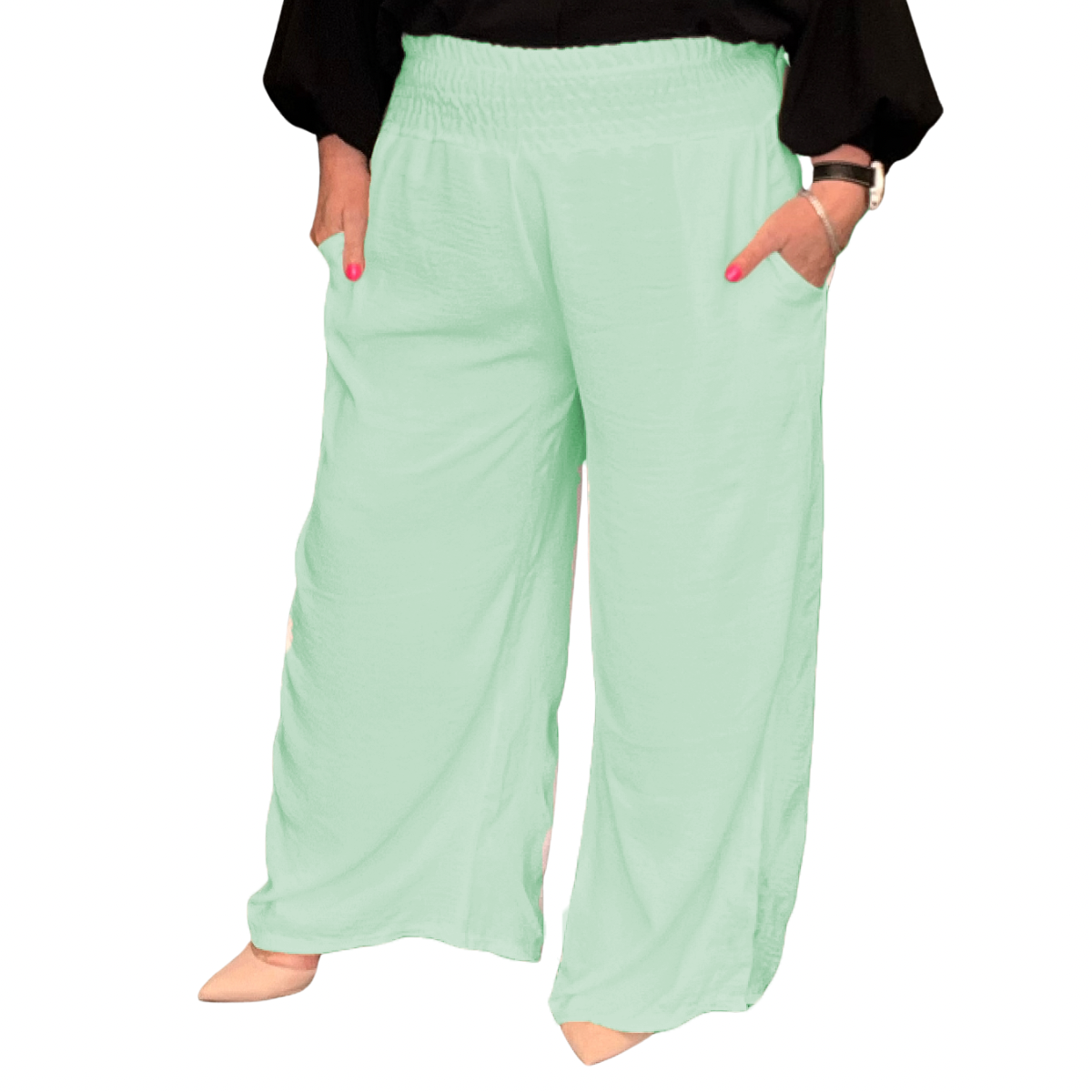 HIGH SMOCK WAIST WIDE LEG TROUSERS WITH POCKETS