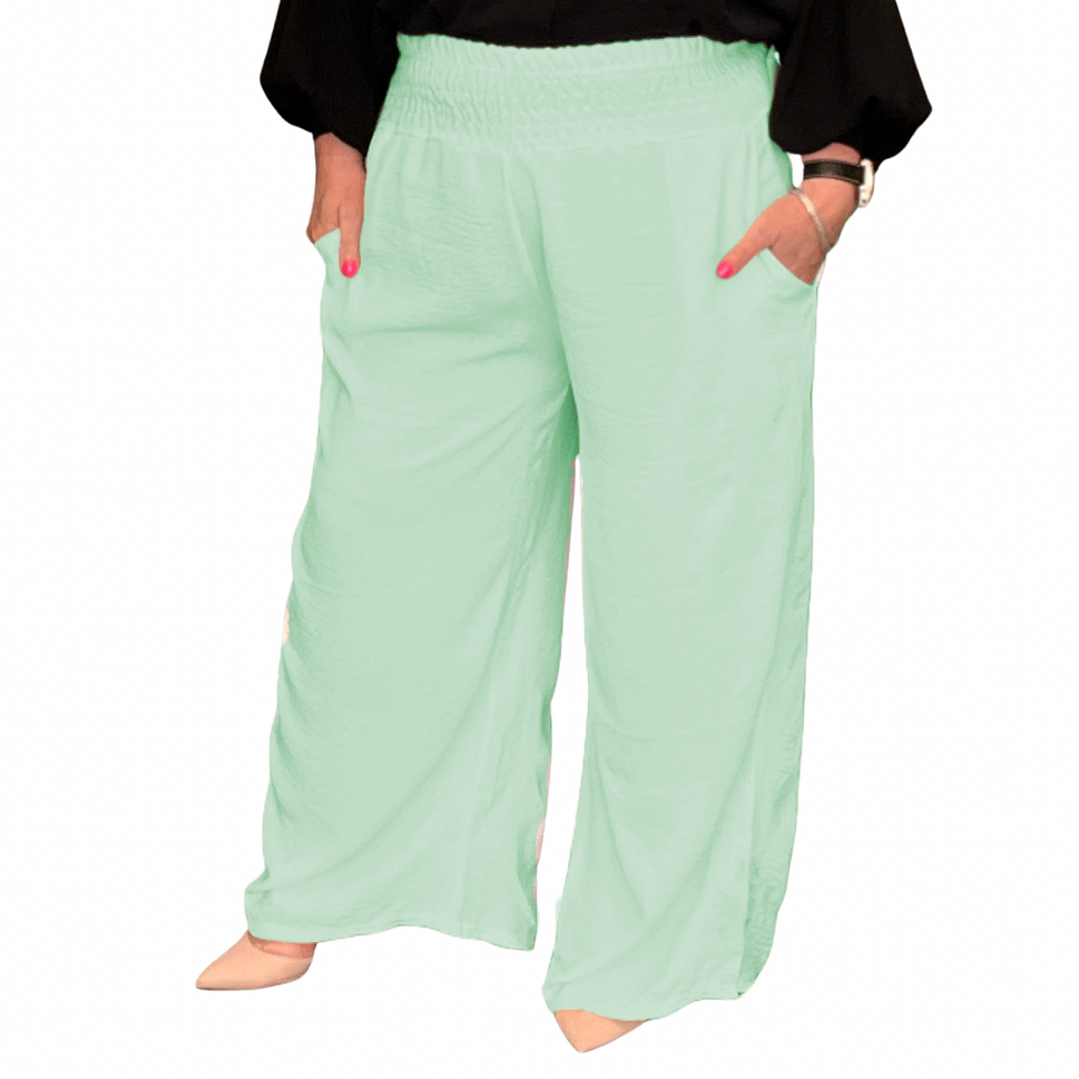 HIGH SMOCK WAIST WIDE LEG TROUSERS WITH POCKETSMINT / UK 16-18