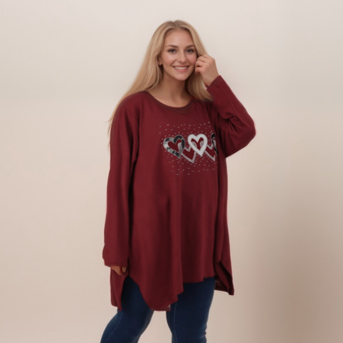 HANKY HEM LONG SLEEVE TOP WITH 5 SPARKLY HEARTS