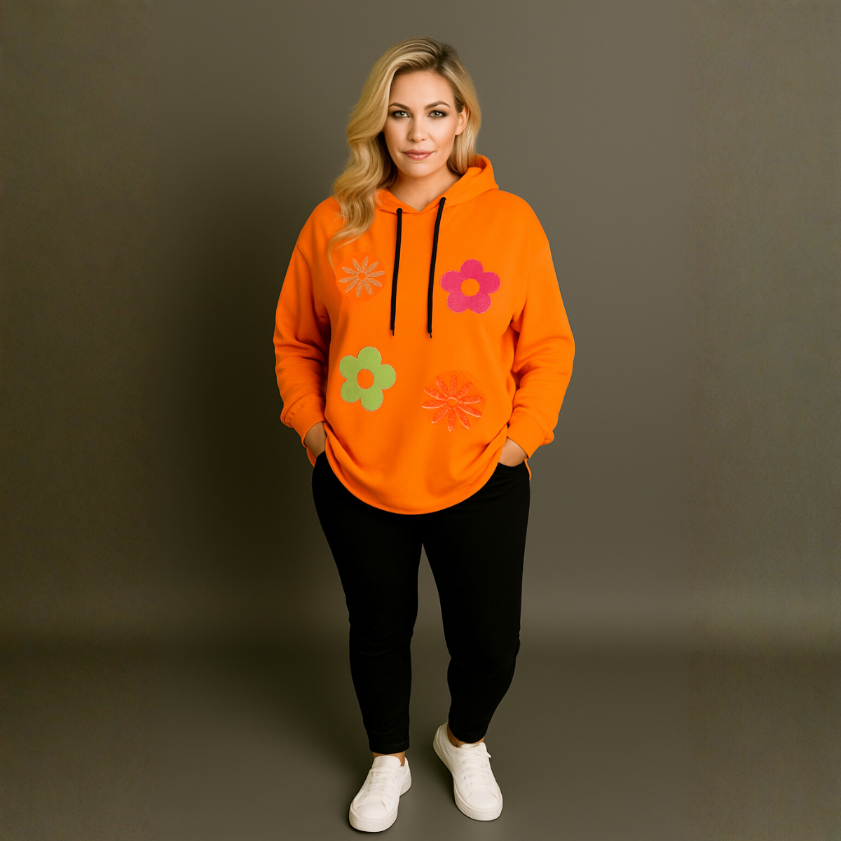 Bright Flowers to Front Long Length Hoodie