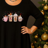 Christmas Gingerbread Men 3/4 Sleeve Dipped Hem Top