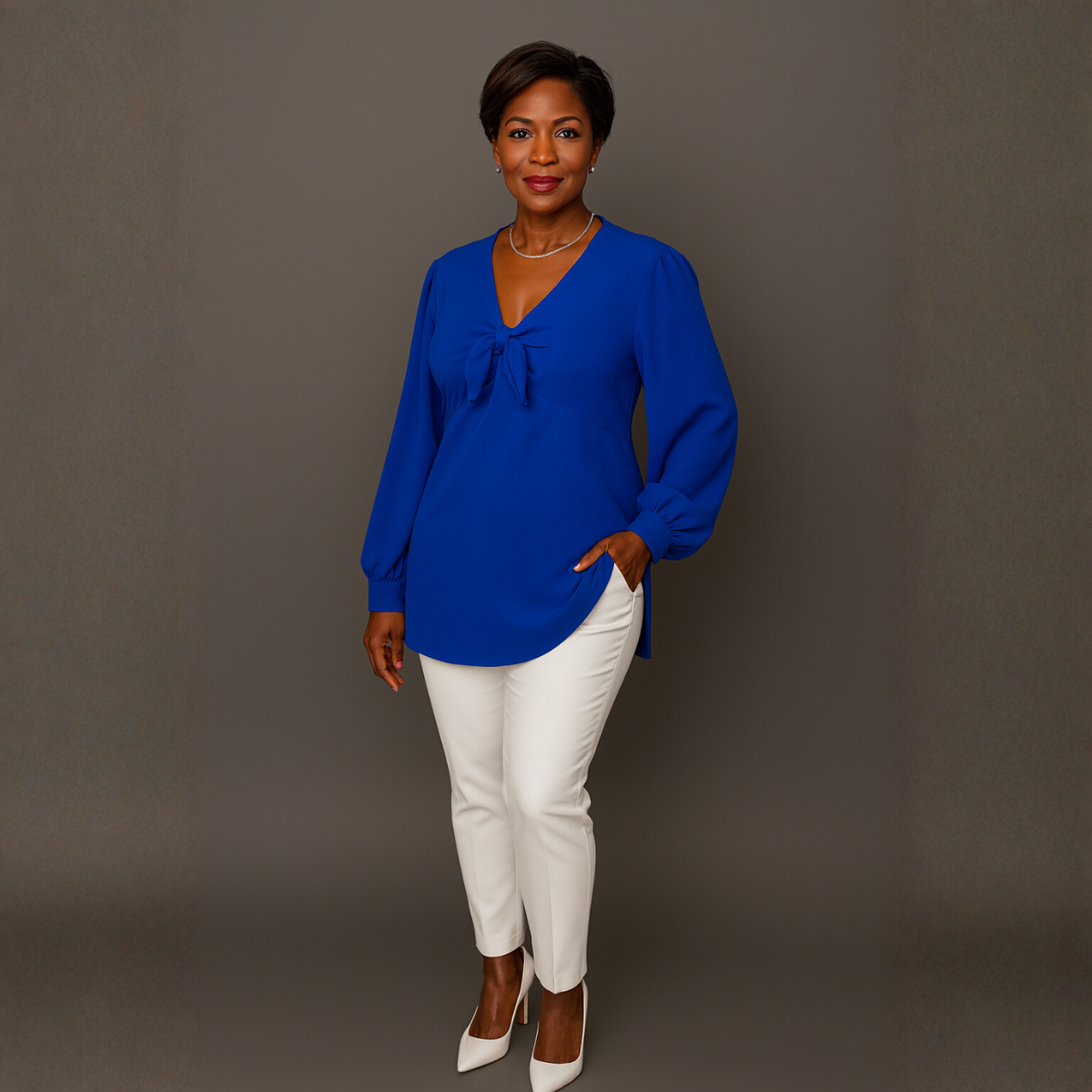 Long Length V-Neck Blouse with Bow Tie Front