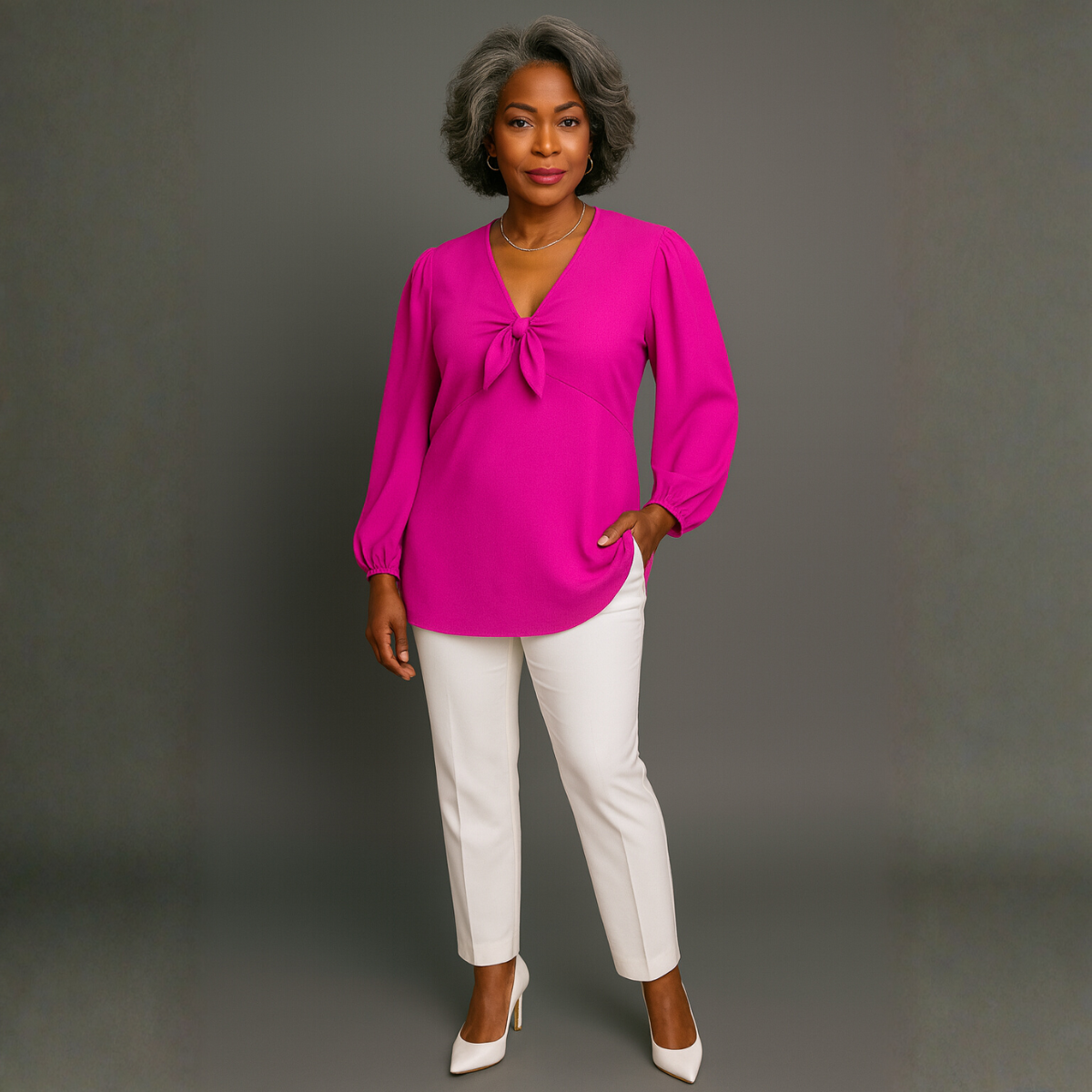 Long Length V-Neck Blouse with Bow Tie Front