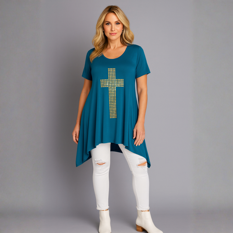 Short Sleeve Handkerchief Hem Top with Studded Cross Detail