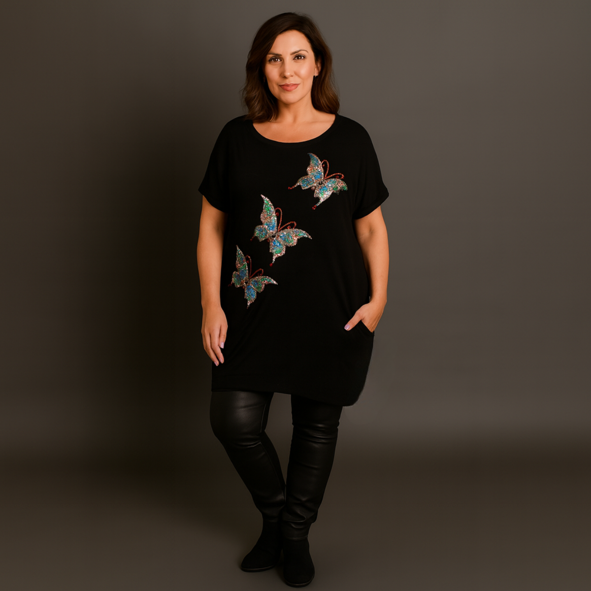 Sequin Butterfly Dipped Hem Top with Pockets