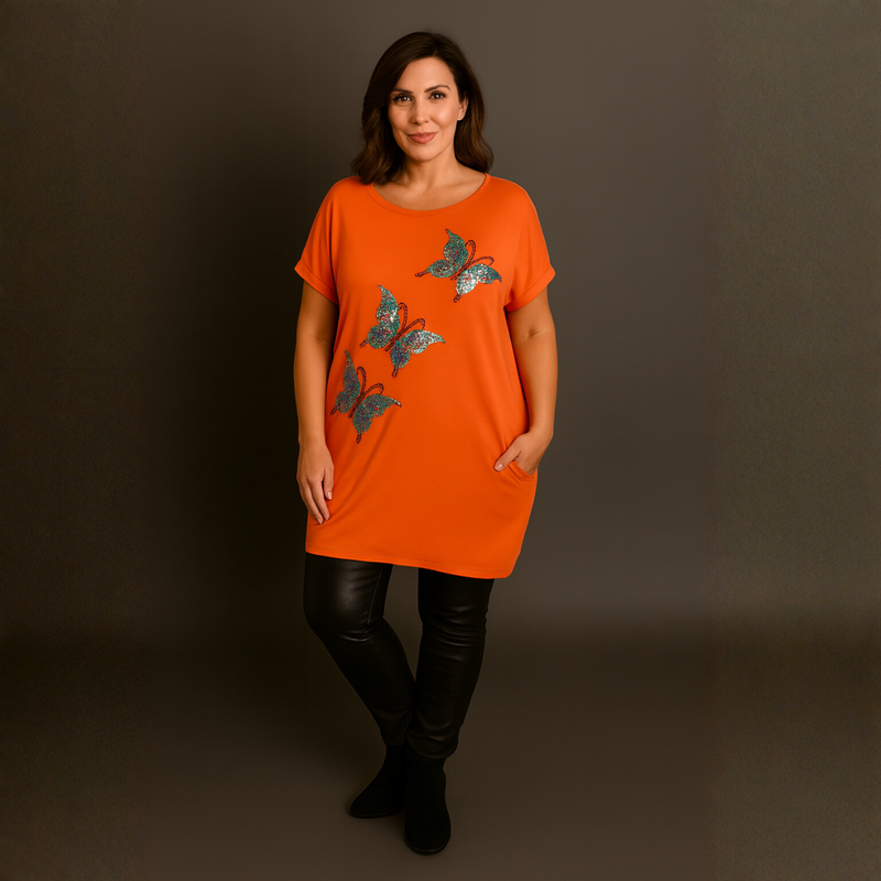 Sequin Butterfly Dipped Hem Top with Pockets