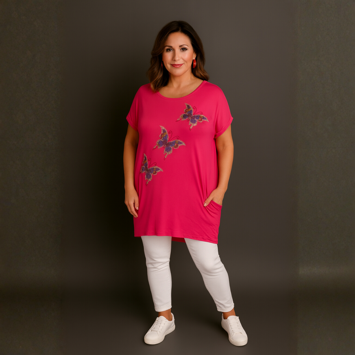 Sequin Butterfly Dipped Hem Top with Pockets