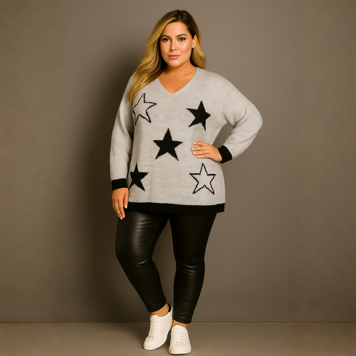 V-Neck Jumper with Black Stars and Hem