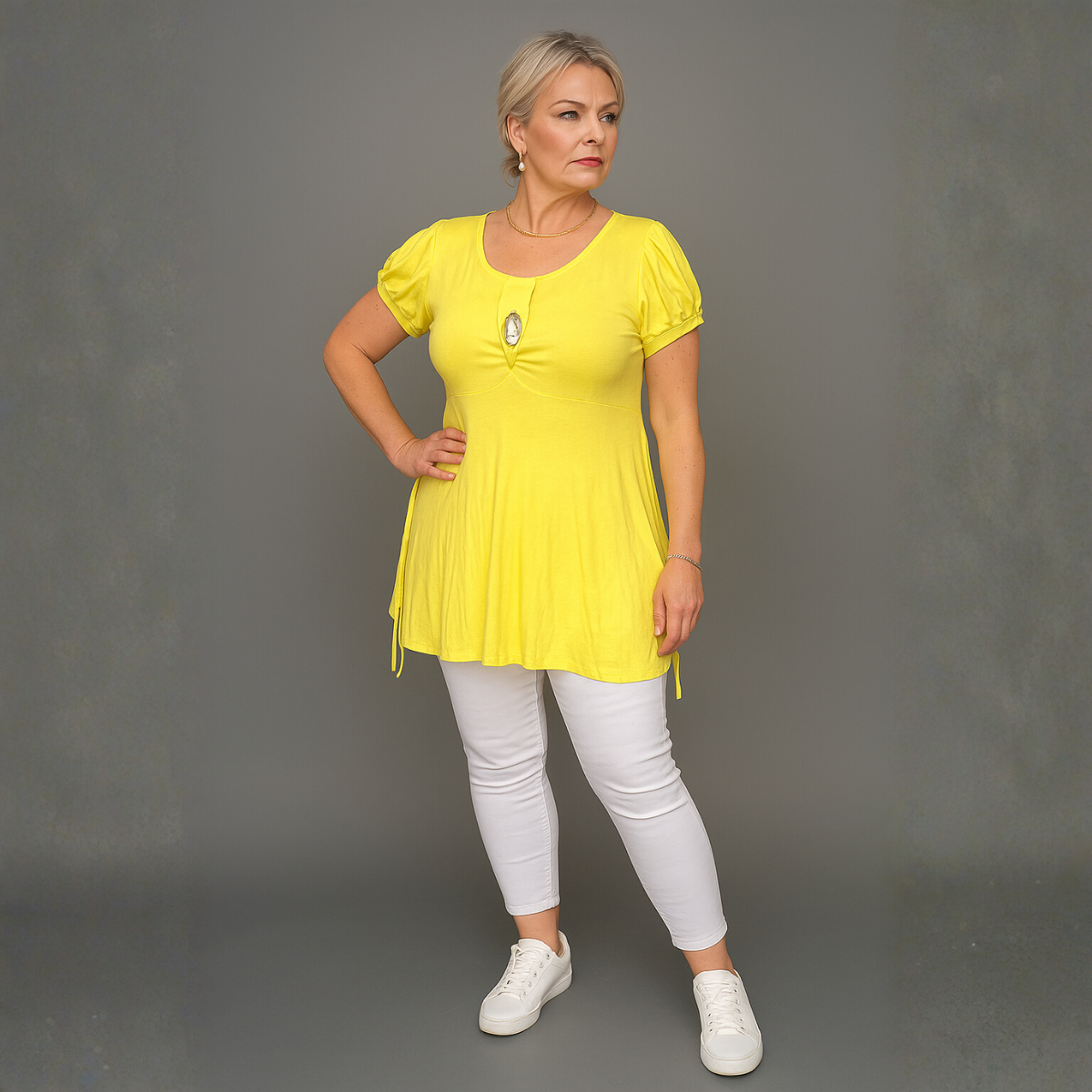 ROCKTHOSECURVES PUFF SLEEVE BUTTON FRONT TUNIC TOP