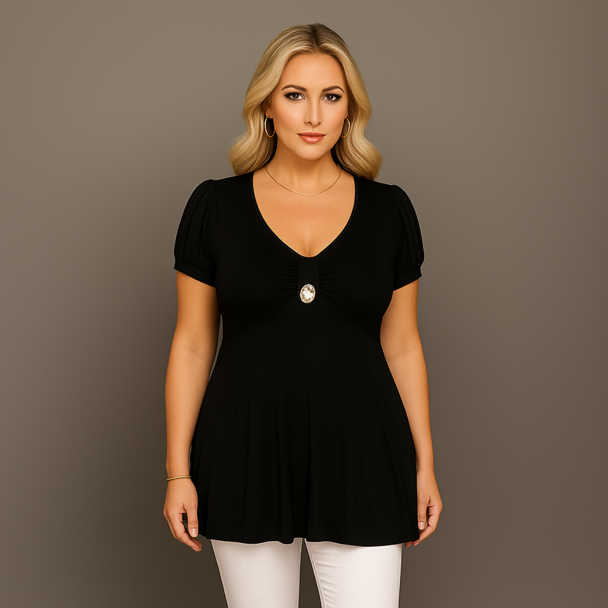 ROCKTHOSECURVES PUFF SLEEVE BUTTON FRONT TUNIC TOP