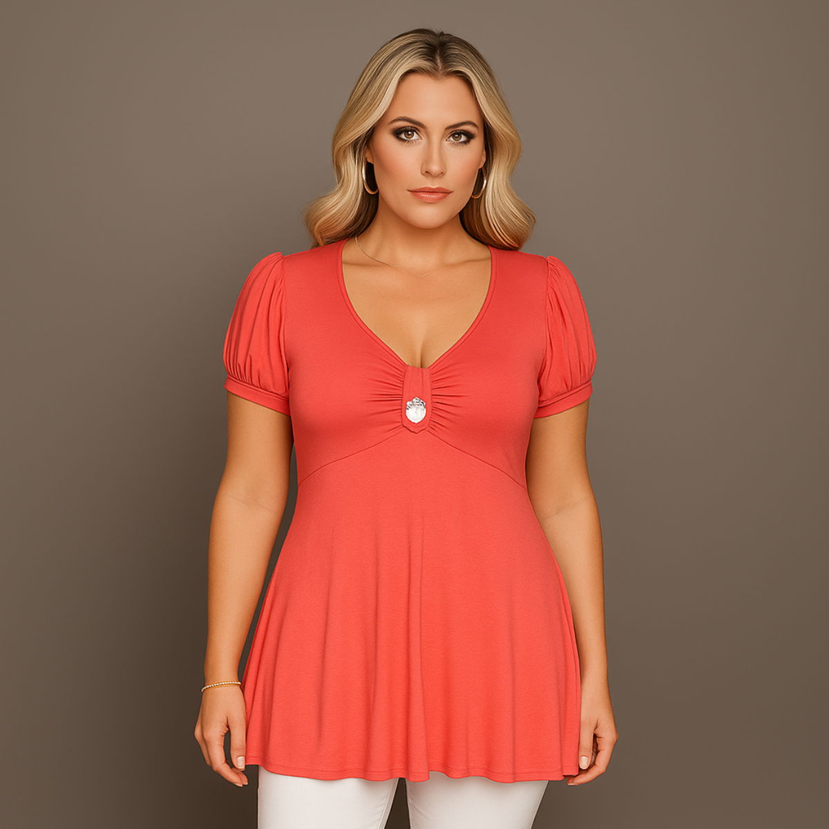 ROCKTHOSECURVES PUFF SLEEVE BUTTON FRONT TUNIC TOP