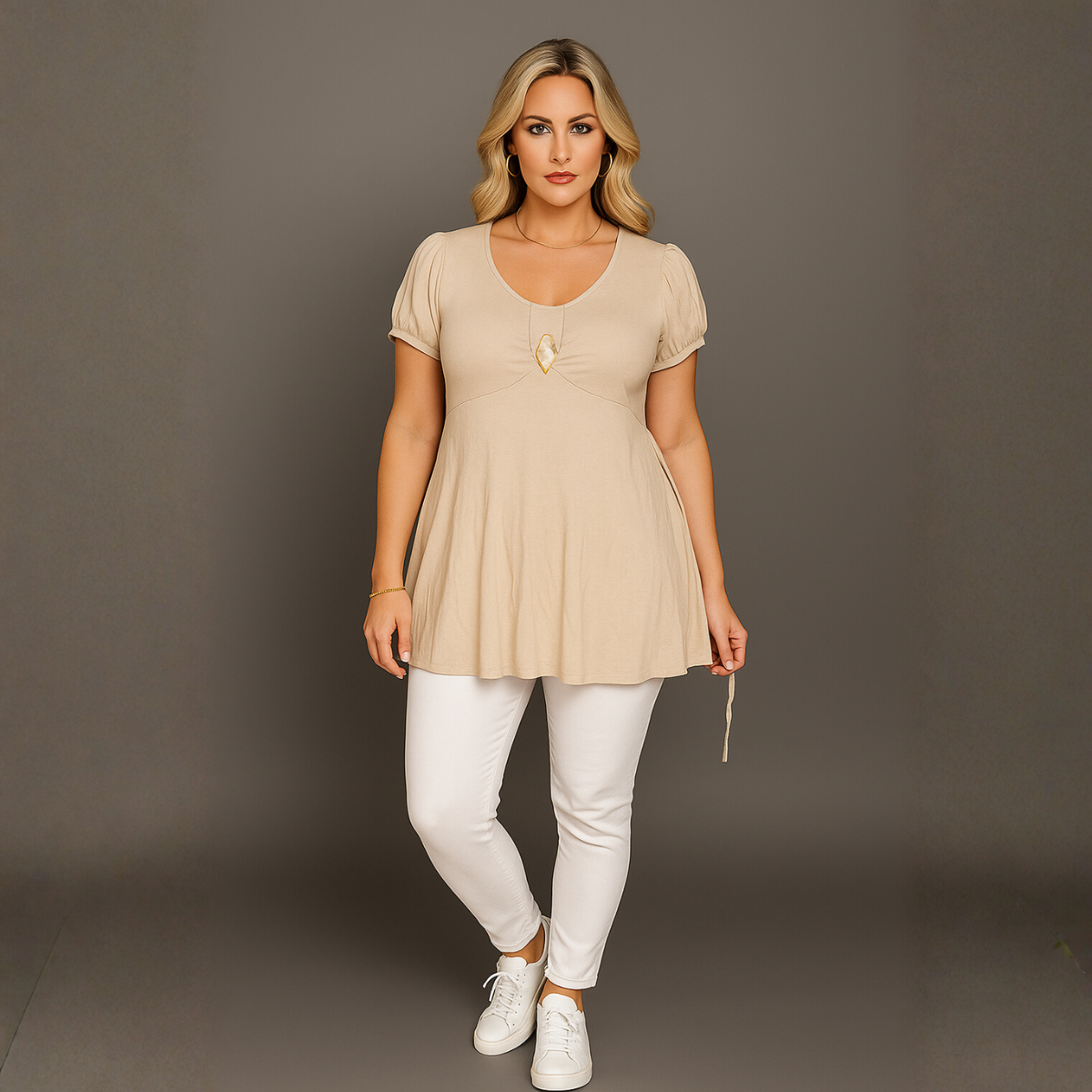 ROCKTHOSECURVES PUFF SLEEVE BUTTON FRONT TUNIC TOP