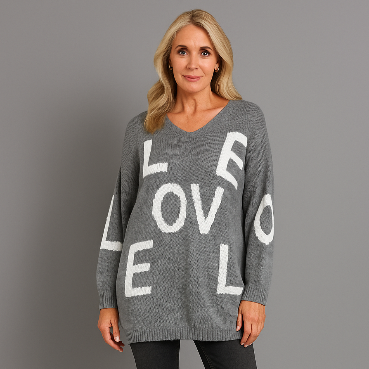 Oversized V-Neck Knitted Jumper With Love Print