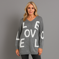 Oversized V-Neck Knitted Jumper With Love Print