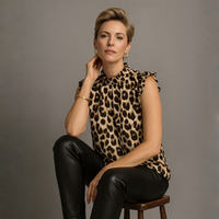 Leopard Turtle Neck Blouse with Frilled Cap Sleeves