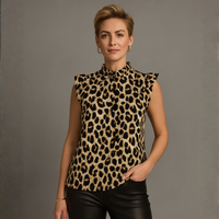 Leopard Turtle Neck Blouse with Frilled Cap Sleeves
