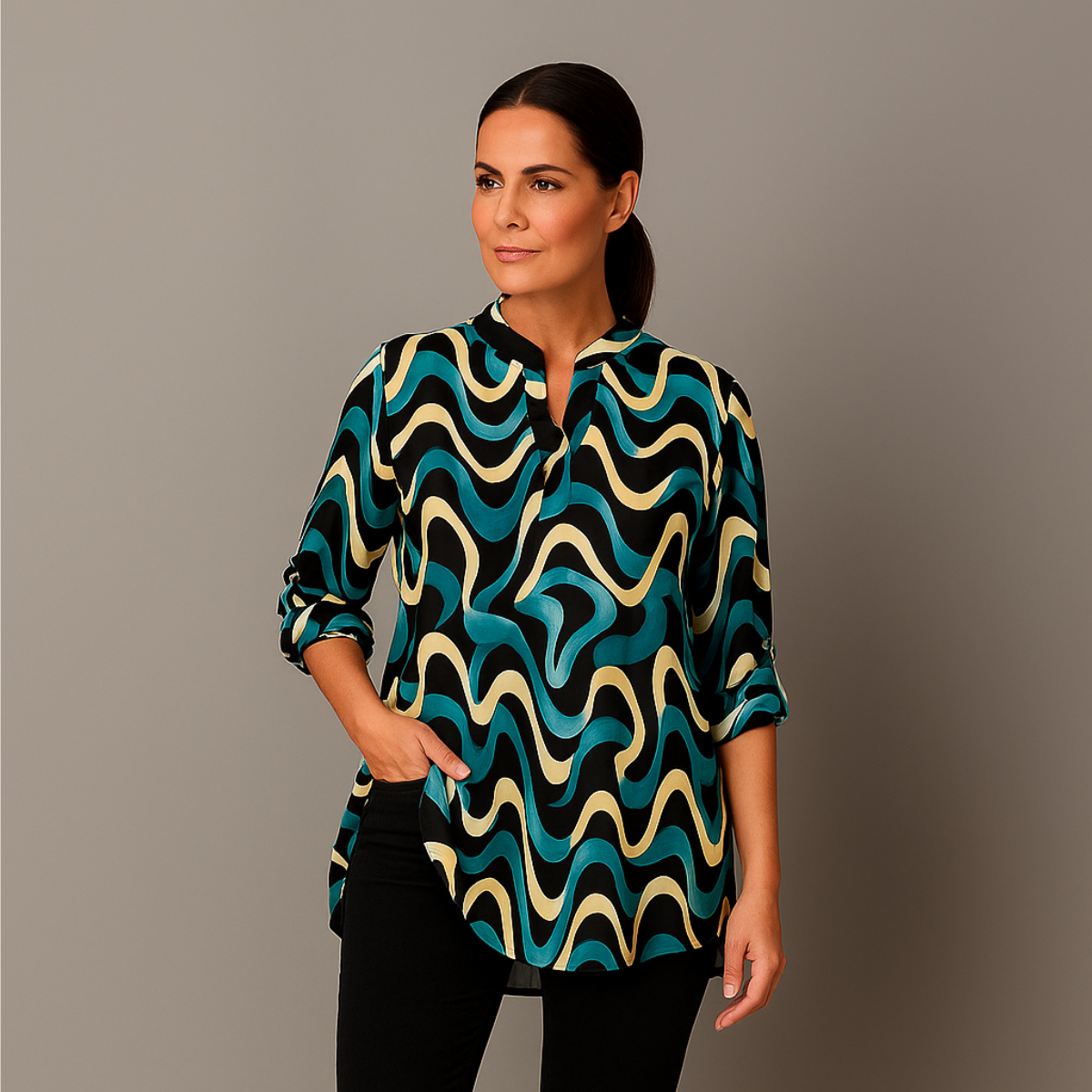 Abstract V‑Neck Long Dipped Hem Top with Button Sleeves