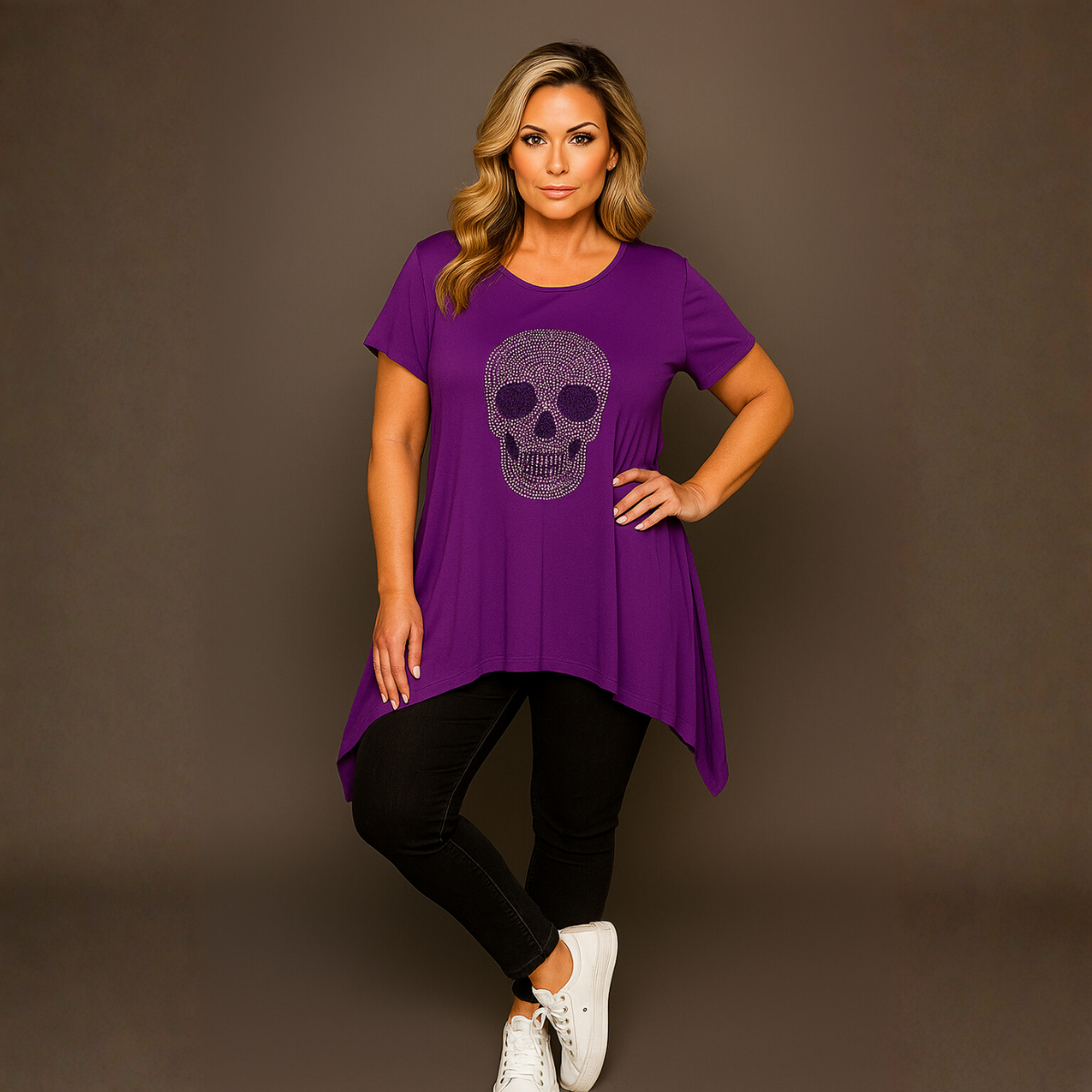 Short Sleeve Hanky Hem Studded Skull Long Length Top