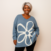 Oversized V-Neck Knitted Jumper with Large Flower
