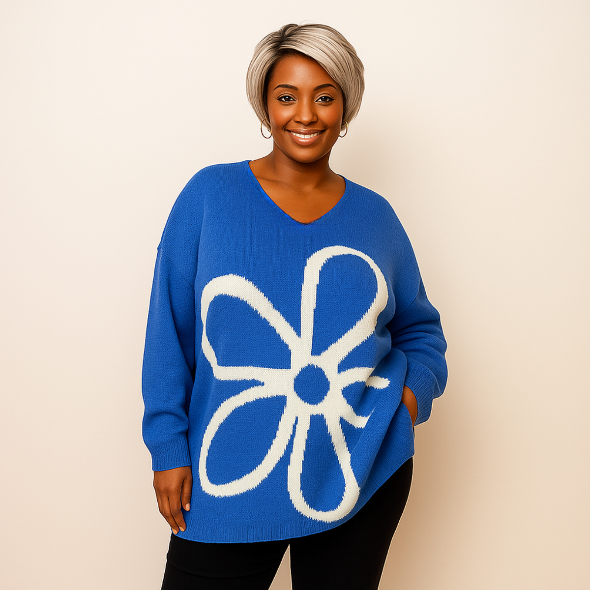 Oversized V-Neck Knitted Jumper with Large Flower