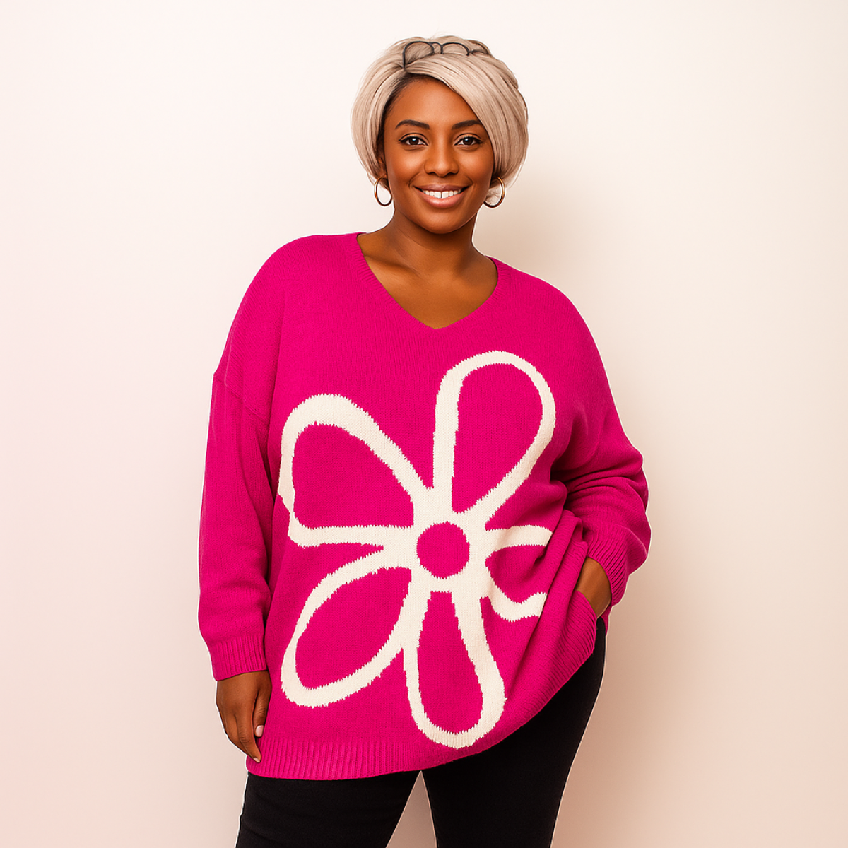 Oversized V-Neck Knitted Jumper with Large Flower