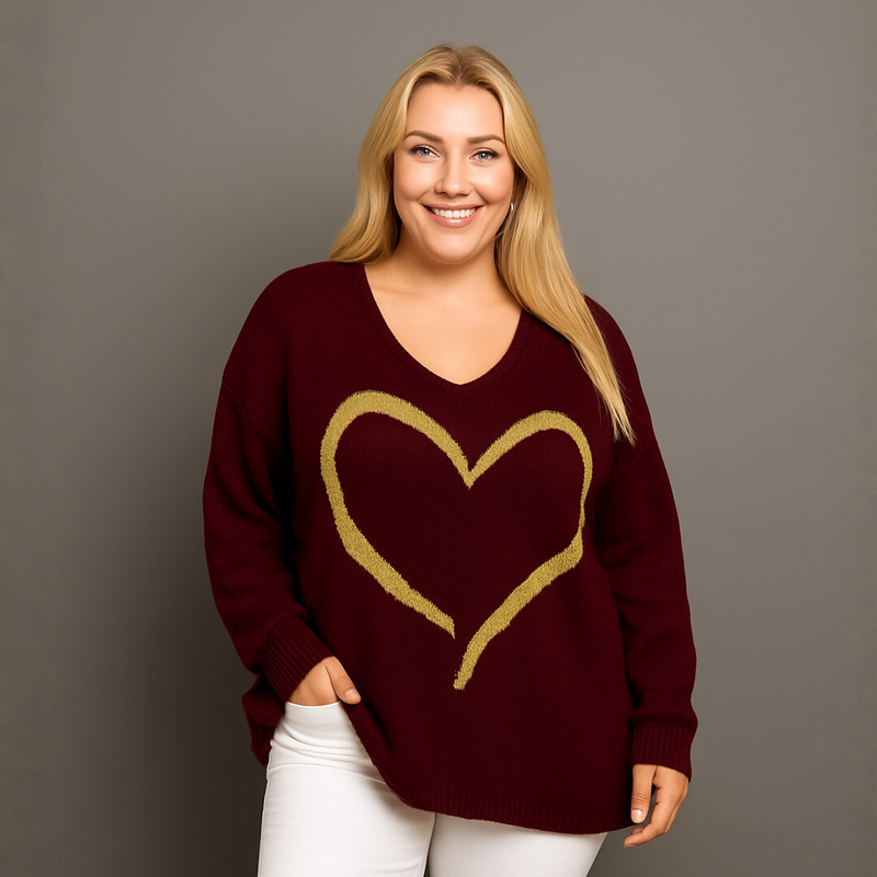 Oversized V-Neck Knitted Jumper with Gold Heart