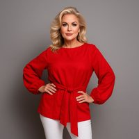 Blouse with Tie Front Belt and Elasticated Cuffs