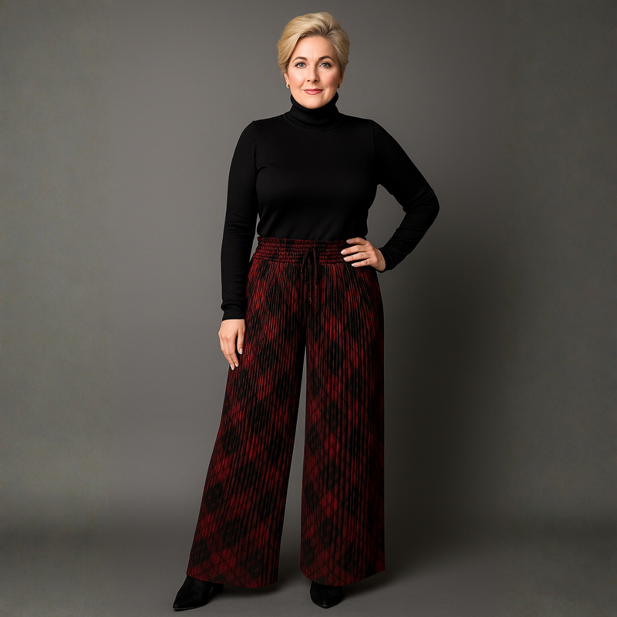 Pleated Crinkle Elastic Waist Checked Palazzo Trousers