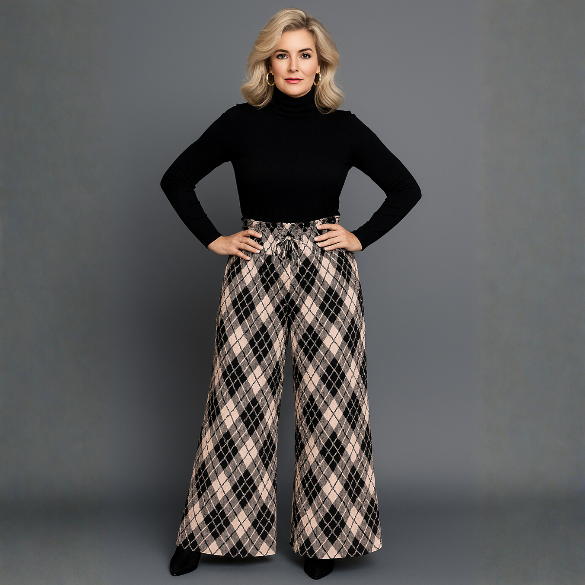 Pleated Crinkle Elastic Waist Checked Palazzo Trousers