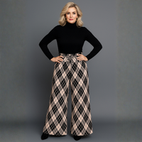 Pleated Crinkle Elastic Waist Checked Palazzo Trousers