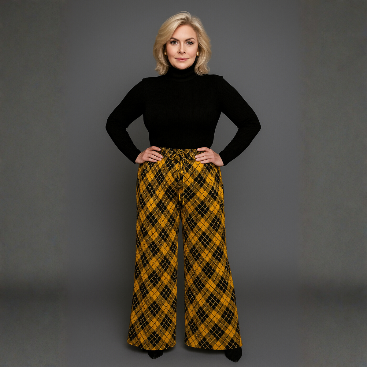 Pleated Crinkle Elastic Waist Checked Palazzo Trousers