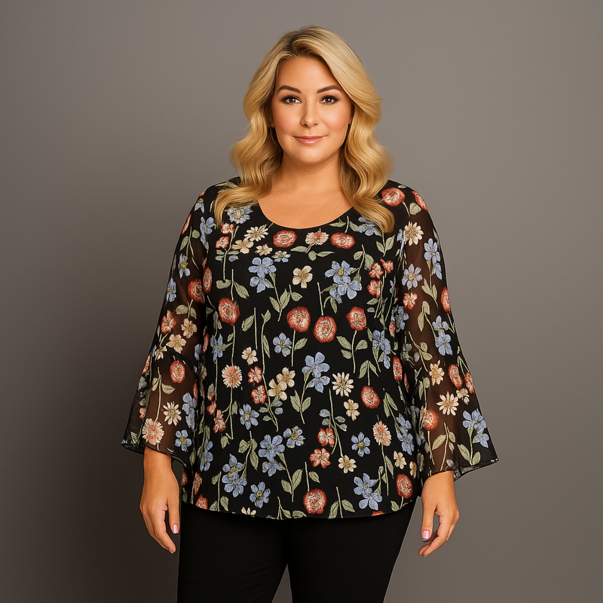 Black Blue Floral Chiffon Bell Sleeve Blouse