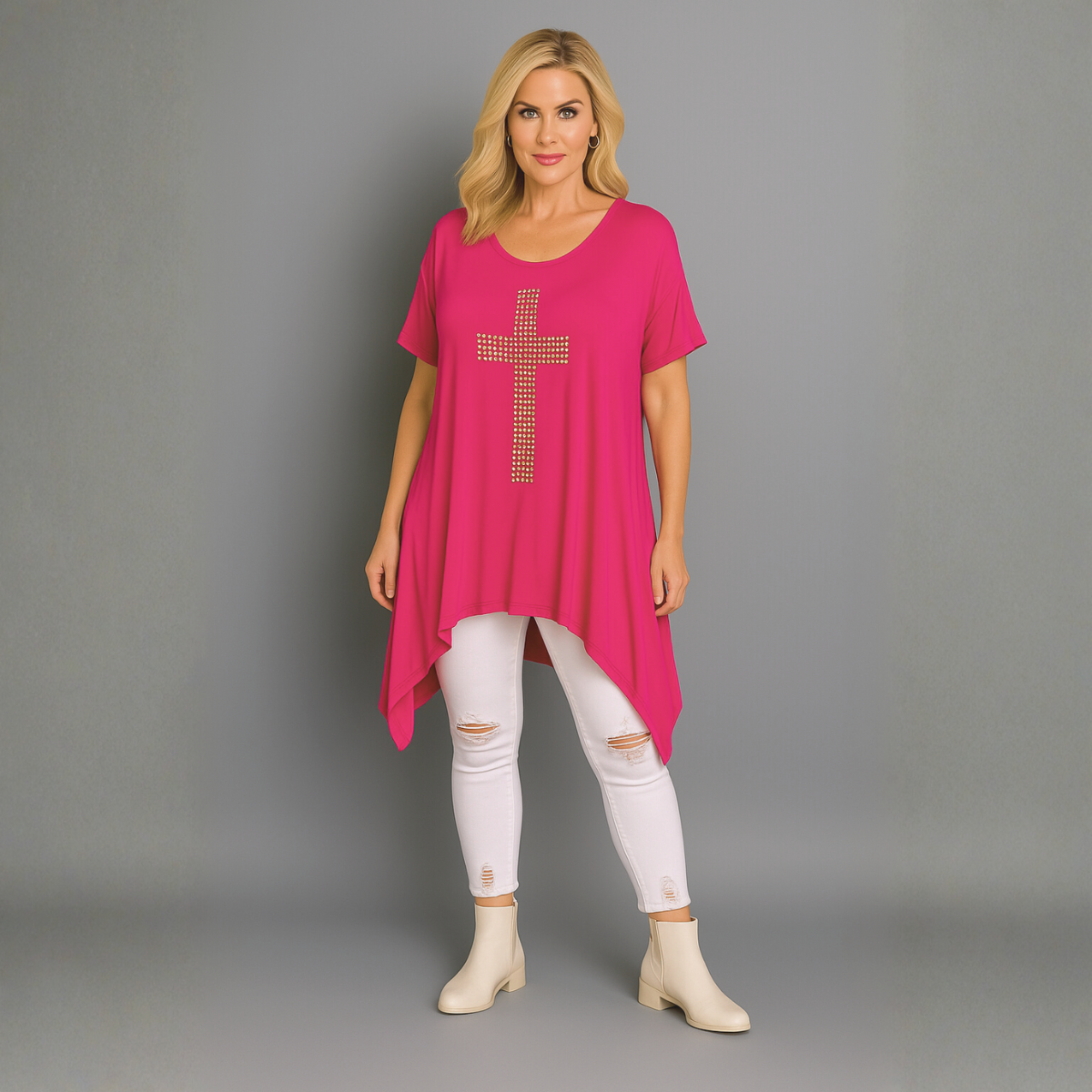 Short Sleeve Handkerchief Hem Top with Studded Cross Detail