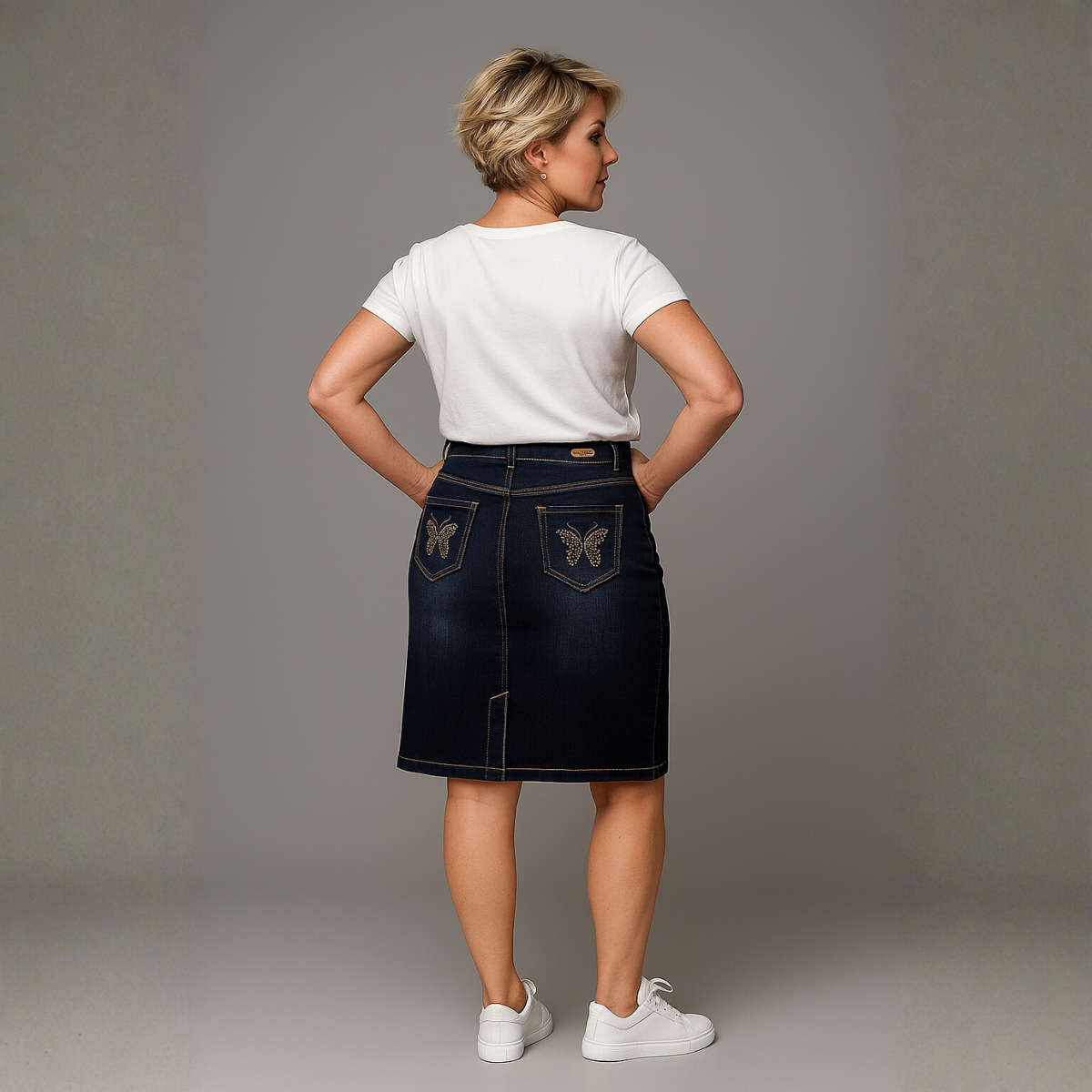 Dark Blue Denim Skirt with Studded Butterfly Pockets