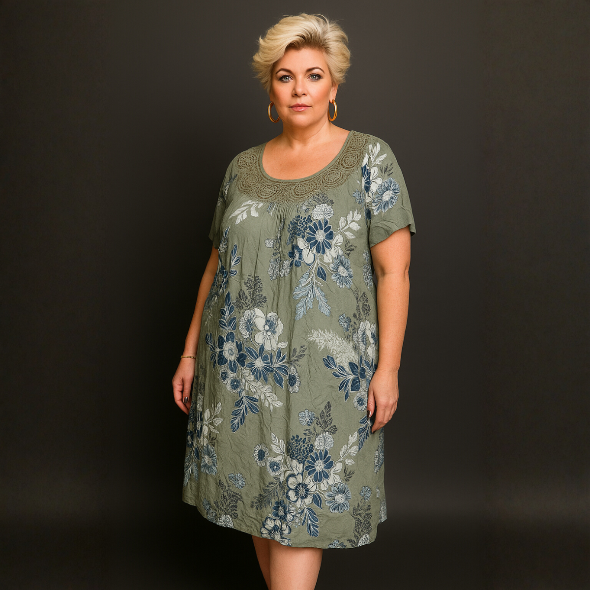 Soft Feel Crochet Neck Short Sleeve Summer Dress