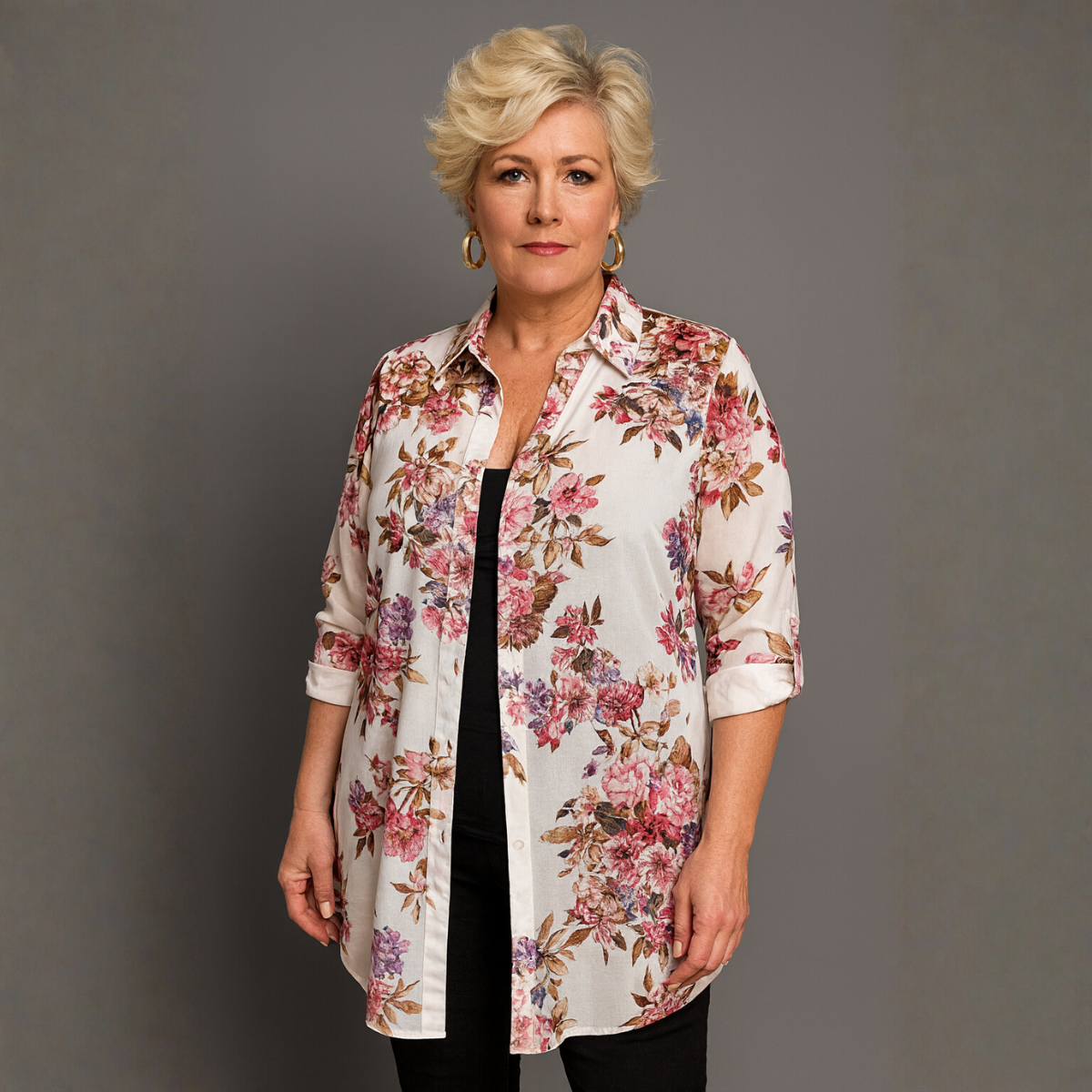 Chiffon Cream Pink Lilac Floral Long Length Shirt Blouse