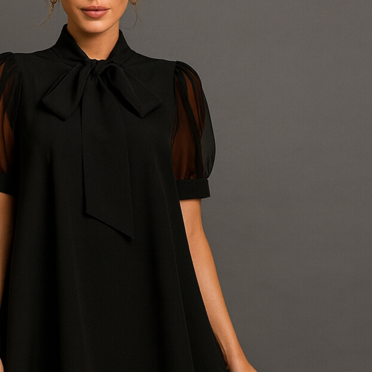 Black Swing Dress with Neck Tie and short Puff Sleeves