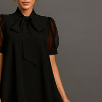 Black Swing Dress with Neck Tie and short Puff Sleeves