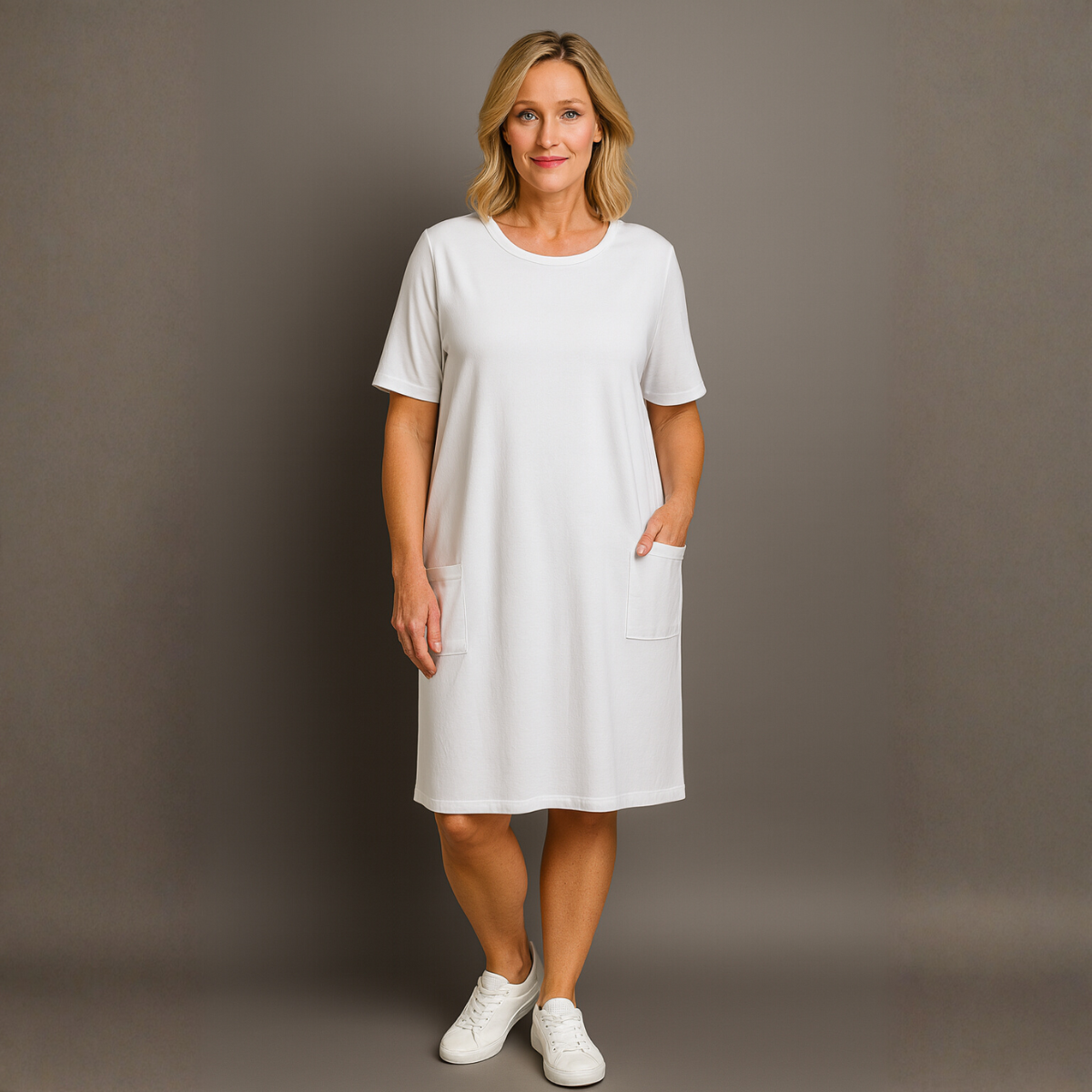 Short Sleeve Straight Cut Dress with Front Pockets