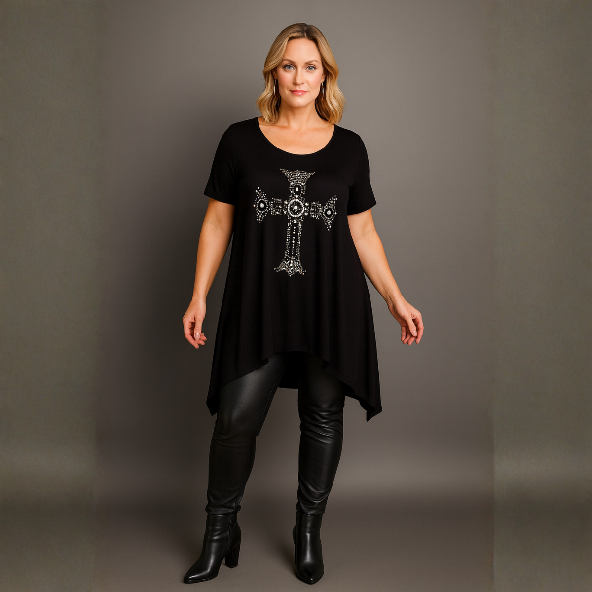 Hanky Hem Studded Ornate Cross Long Length Top