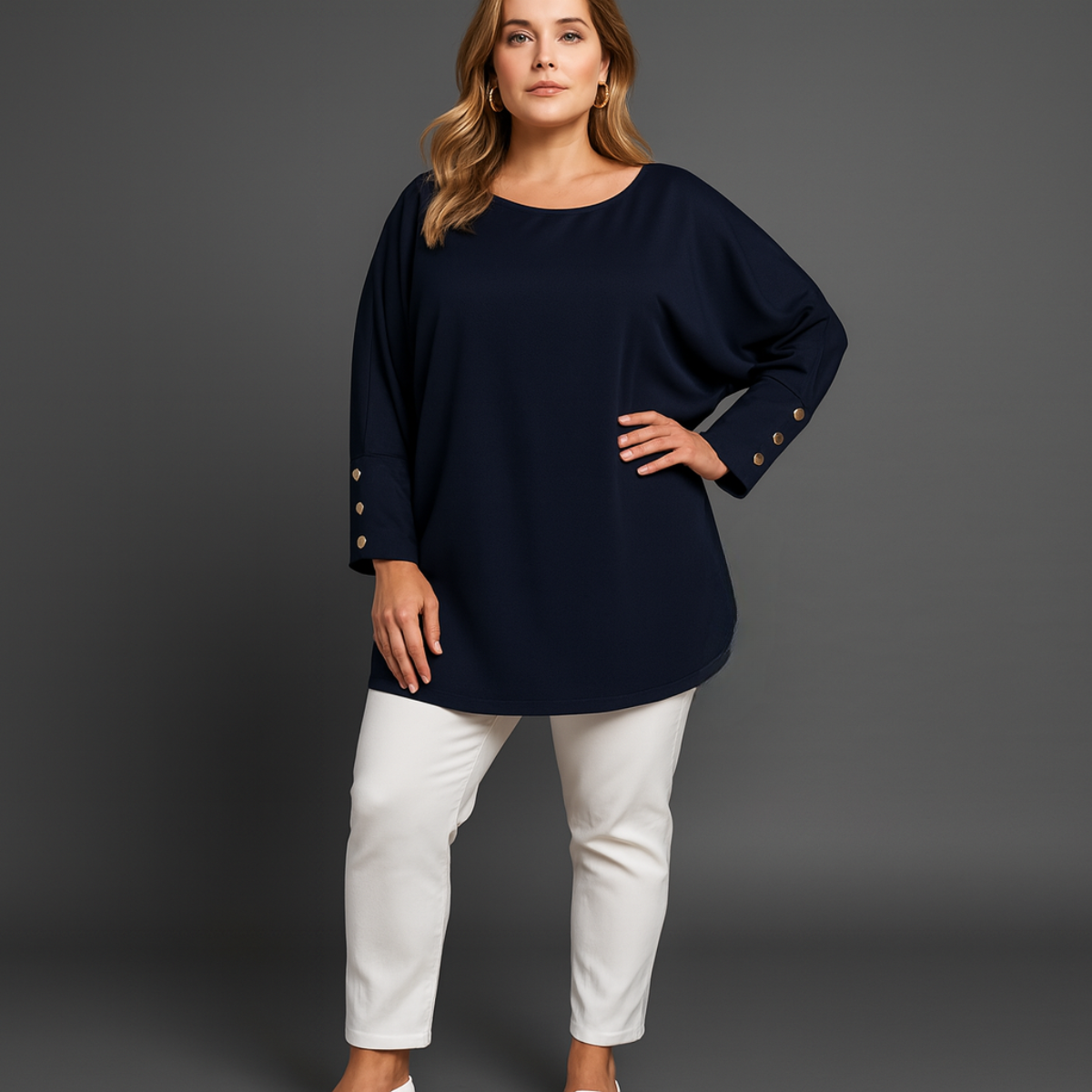 Batwing Button Cuff Long Length Blouse with Cut-Out Back