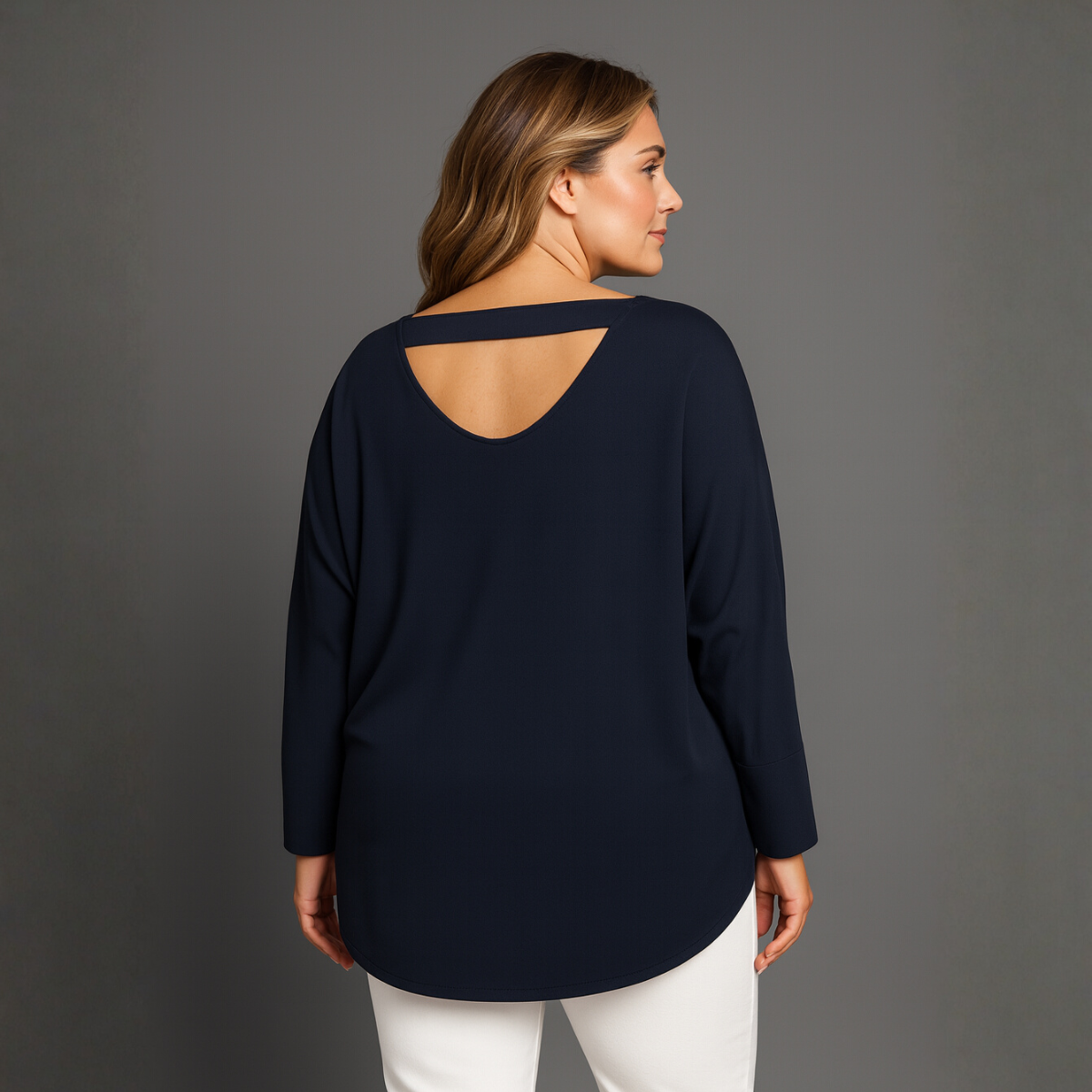 Batwing Button Cuff Long Length Blouse with Cut-Out Back