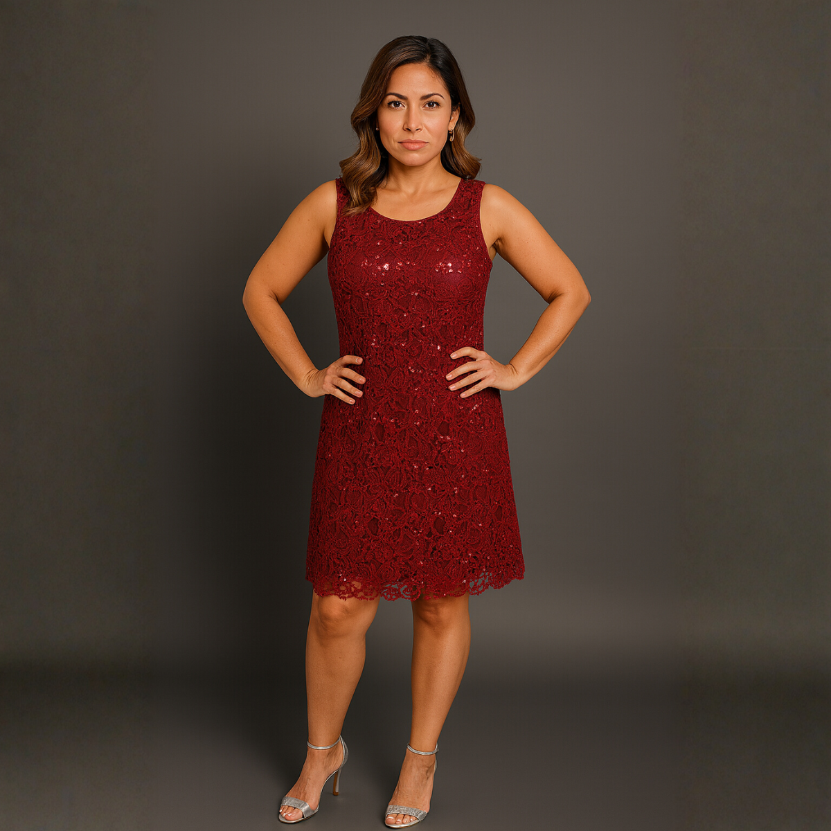 Sequin & Lace Sleeveless Shift Party / Evening Dress