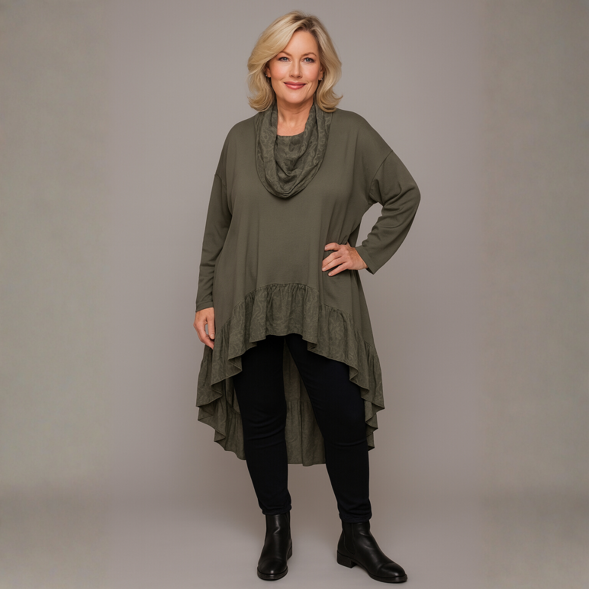 Long Dipped Hem Pocket Top with Satin Hem & Neck Scarf