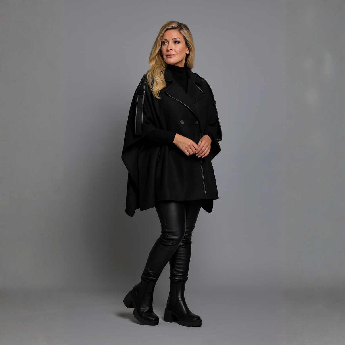 Cape Coat with Contrasting Trim and Buttons