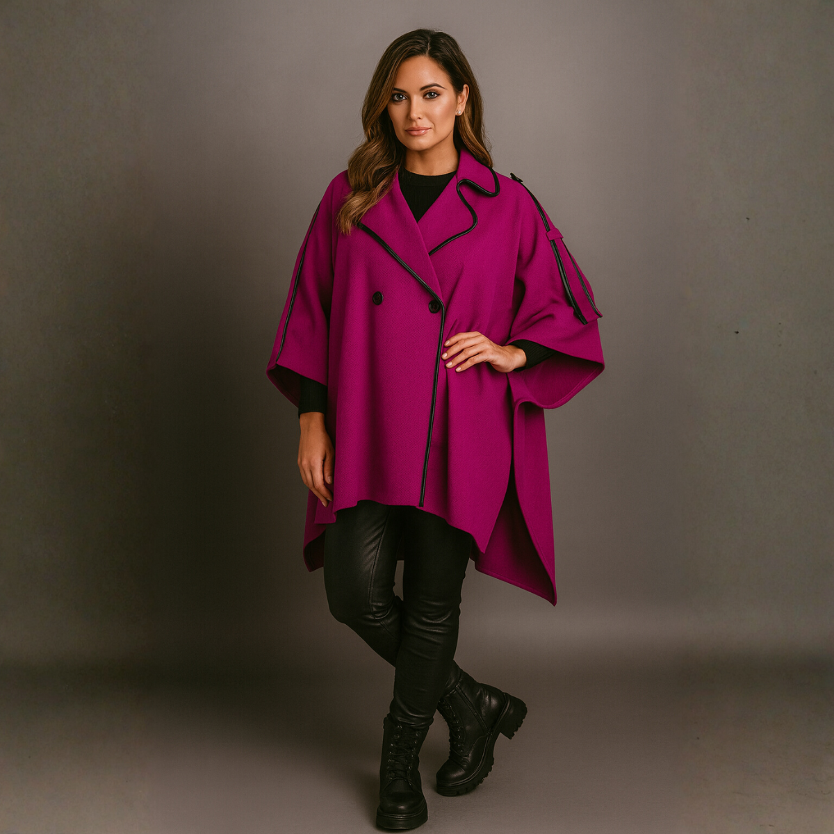 Cape Coat with Contrasting Trim and Buttons
