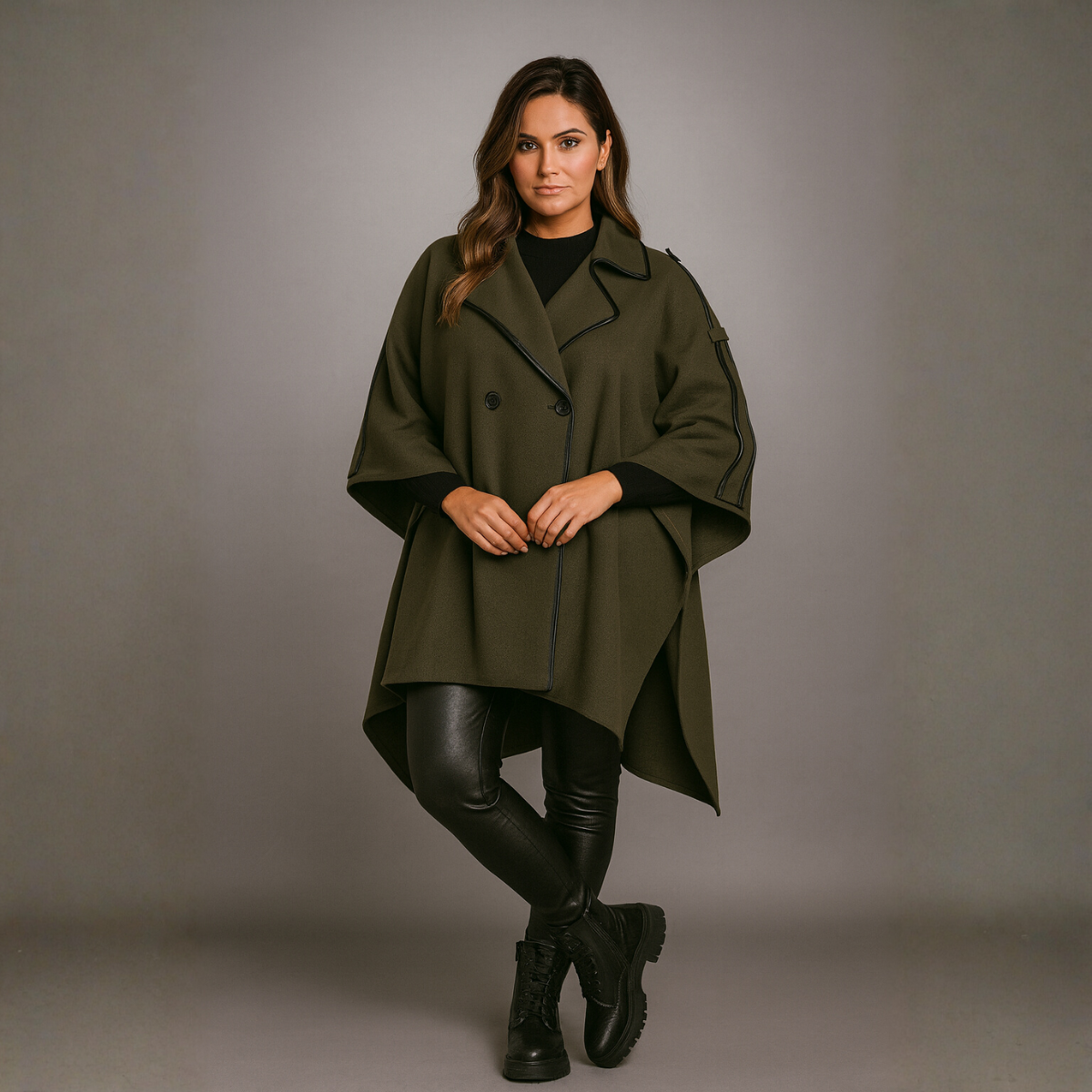 Cape Coat with Contrasting Trim and Buttons