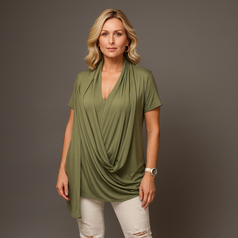 Wrap Over Draped Detail Short Sleeve Top
