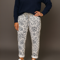 White Navy Floral Print Joggers